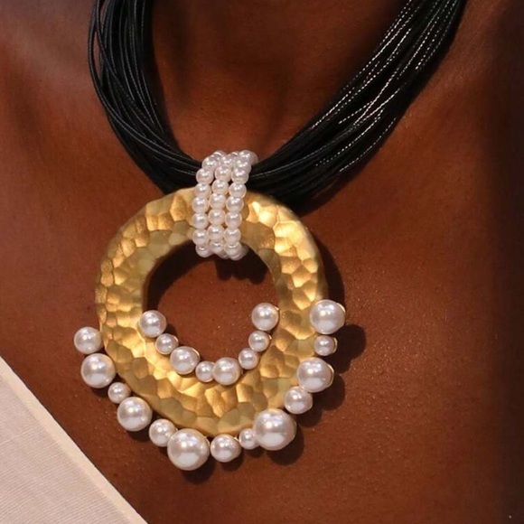 Statement Pendant Necklace | Multi-Strand Black Cord with Gold & Pearl Accents - Picture 11 of 11